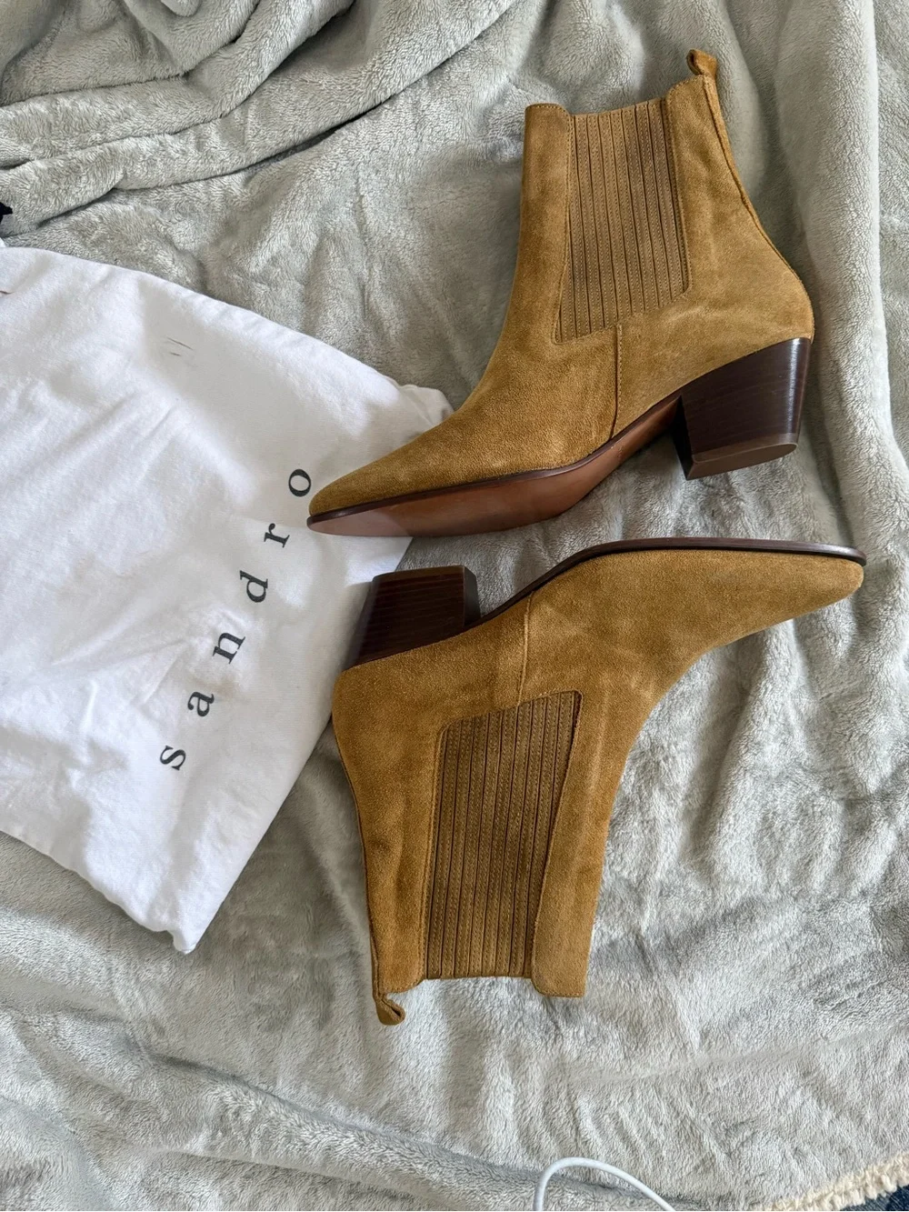 Sandro Cognac Suede Chelsea Booties